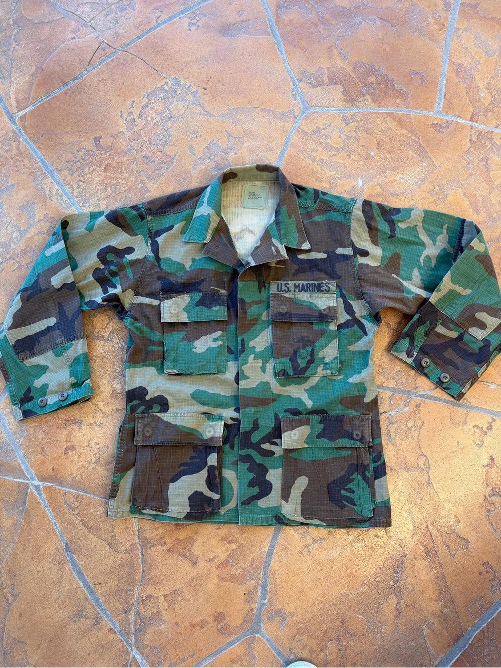 VTG U.S. Marines Military Woodland Camo BDU Uniform Shirt Jacket - Small Short